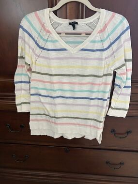Talbots White V-Neck Sweater with Pastel Stripes